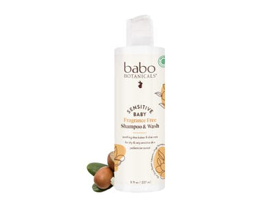 Babo Botanicals sensitive baby shampoo and wash bottle on a white background