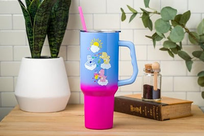 Silver Buffalo Care Bears Featuring Grumpy Bear, Funshine Bear, and Love-A-Lot Bear Heart Showers Ombre Stainless Steel Tumbler with Handle and Straw, Fits in Standard Cup Holder, 40 Ounces