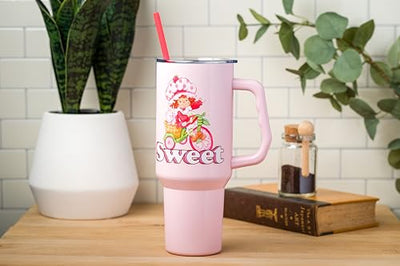 Silver Buffalo Strawberry Shortcake Riding Bike Sweet Vintage Stainless Steel Tumbler with Handle and Straw, Fits in Standard Cup Holder, 40 Ounces
