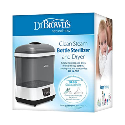 Dr. Brown’s Clean Steam Baby Bottle and Pacifier Sterilizer and Dryer, Anti-Colic Options+ Baby Bottles 8 oz, 0m+ Level 1 Nipple, 4 Pack, and Reusable Sponge Bottle Cleaning Brush Set Blue, 3-Pack