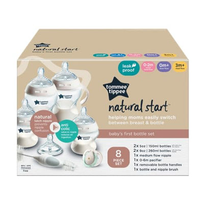 Tommee Tippee Natural Start Baby's First BPA Free Bottle 8 Piece Set, 2 x 5oz and 2 x 9oz Anti-Colic Bottles, Slow and Medium Flow Nipples, 0-6 Month Pacifier, Clear