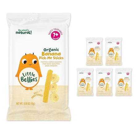 Little Bellies Organic Banana Pick-Me Sticks packaging with cartoon character on a white background