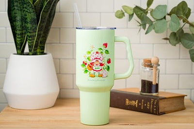 Silver Buffalo Strawberry Shortcake Life is Delicious Flowers Vintage Stainless Steel Tumbler with Handle and Straw, Fits in Standard Cup Holder, 40 Ounces
