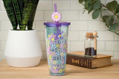 Silver Buffalo Care Bears Groovy “Love That For You” Featuring Grumpy Bear and Harmony Bear Glitter Plastic Cold Cup with Lid and Straw Topper, 24 Ounces