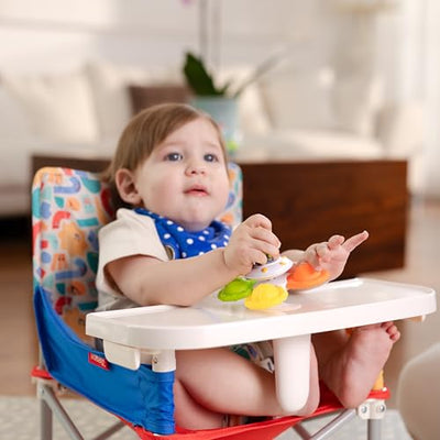 Nuby Easy Go Pop-Up Booster Seat with Removable Tray - 6+ Months - Portable Booster Seat for Floor for Indoor/Outdoor Use - 3-Point Safety Adjustable Straps - Includes Travel Bag - Stripes