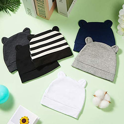 6 Pieces Newborn Baby Hat Bear Ears Infant Caps Baby Boy Girl Toddler Hats Infant Beanie Caps for 0-3 Months (Black White, Black, Navy Blue, Black Gray, Gray, White,Classic)