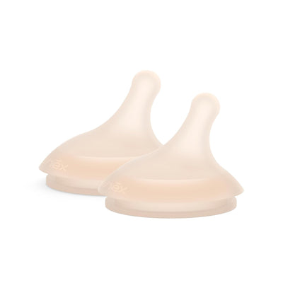 Two beige silicone teething rings on a white background