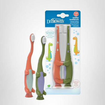 Dr. Brown's Baby and Toddler Toothbrush, Green and Orange Dinosaur 2-Pack, 1-4 Years