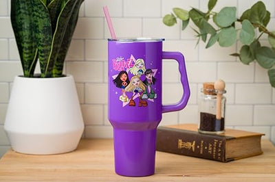 Silver Buffalo Bratz Featuring Cloe, Yasmin, Jade, and Sasha Stainless Steel Tumbler with Handle and Straw, Fits in Standard Cup Holder, 40 Ounces