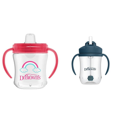 Two sippy cups with pink and blue handles on a white background