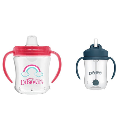 Two sippy cups with pink and blue handles on a white background