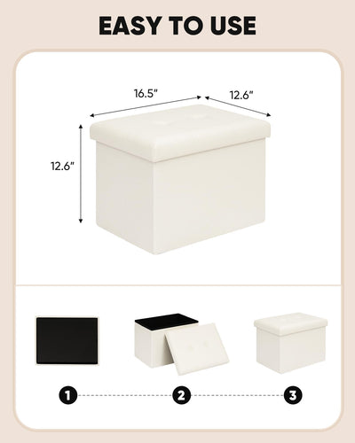 B FSOBEIIALEO Folding Storage Ottoman, Faux Leather Footrest Seat Coffee Table Toy Chest Kids, White 16.5"x12.6"x12.6"