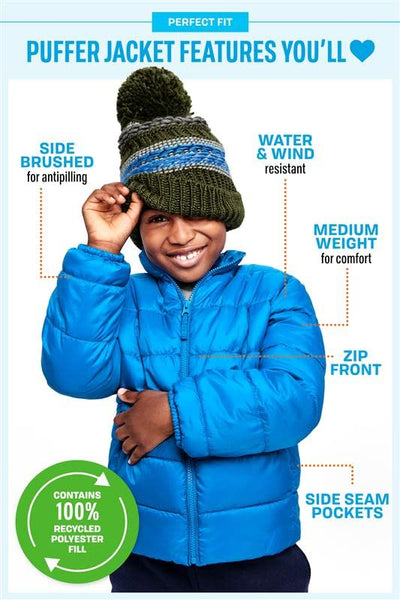 The Children's Place,Medium Weight Puffer Jacket, Wind-Resistant, Water-Resistant, Big Kid, Toddler, Baby,Blue,Toddler & Baby,18-24 Monts