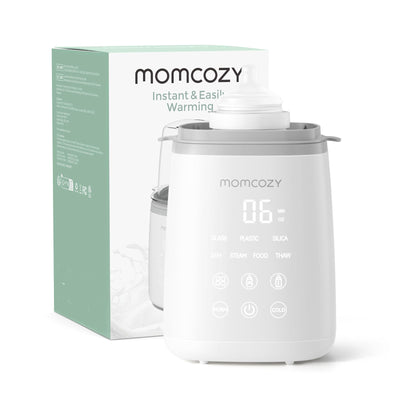 Momcozy baby bottle warmer with packaging on a white background
