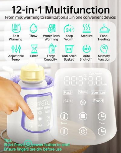 Fast Baby Bottle Warmer for Breastmilk, Smart 12 in 1 Breast Milk Warmer for Baby Essentials with Timer Temperature Control, Sterili-zing, Water Bath Technology, Baby Warmer for All Bottles Food Jars