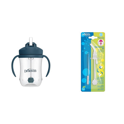 Dr. Brown's sippy cup with navy blue lid and packaging of replacement kit on a white background