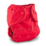 Red cloth diaper with button closures on a white background