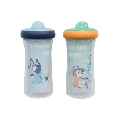 Two children's sippy cups with cartoon characters on a white background