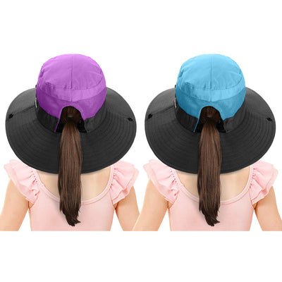 2 Pieces 5-14Y Kids Summer Sun Hat Wide Brim UV Protection for Girls Ponytail Beach Bucket Cap (Purple＆Sky Blue)