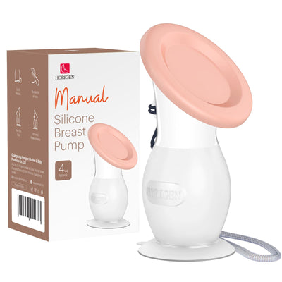 Horigen manual silicone breast pump with packaging on a white background