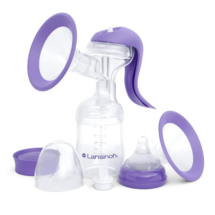 Lansinoh breast pump with accessories on a white background