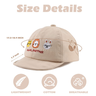 Cotton Baby Baseball Caps - Infant Toddler Sun Cap for Boys & Girls - Spring/Summer Outdoor Hat (3-18 Months, Embroidery Animals, Beige)