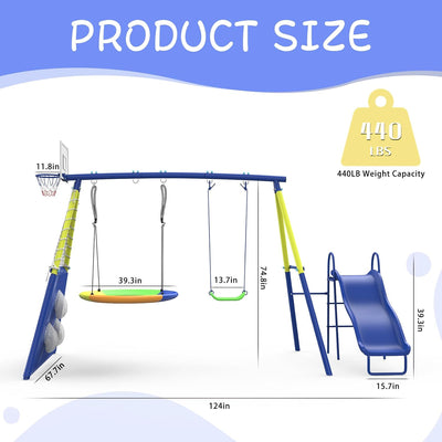 Swing Sets for Backyard with Kids Slide Outdoor Heavy-Duty Metal Playset for Kids 440lbs 5 in 1 Swing Set with Slide, Saucer Seat, Belt Seat, Soccer Goals and Basketball Hoop