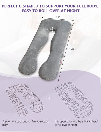 Meiz Pregnancy Pillow, U Shaped Pregnancy Body Pillow with Zipper Removable Cover (Gray- Velvet)