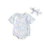 FYBITBO Newborn Infant Baby Girls Clothes Summer Daisy Romper Short Sleeve Bodysuit Cute Outfit One Piece Clothing (Floral-Blue, 0-3 Months)