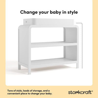 Storkcraft Santos Changing Table (White) – GREENGUARD Gold Certified Baby Changing Table, Solid Wood Construction, Removable Topper Fits Standard-Size Changing Pad