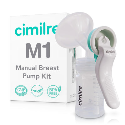 Cimilre M1 manual breast pump kit with pump and packaging on a white background