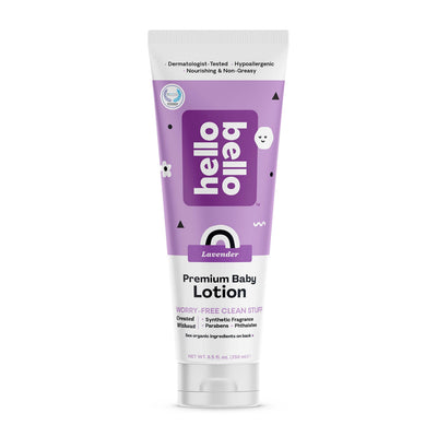Tube of Hello Bello lavender baby lotion on a white background