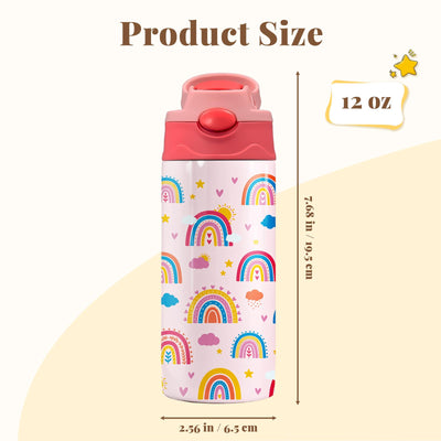 Pink Water Bottle for Girls - 12oz Rainbow Kids Water Bottle with Straw, Stainless Steel Tumbler, Insulated, Leak-proof, BPA-free, Pop-up Straw Lid, for School - Children Birthday Gift Cup(1pc)
