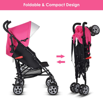 BABY JOY Lightweight Stroller, Compact Travel Stroller, Infant Stroller w/Adjustable Backrest & Canopy, Cup Holder, Storage Basket, 5-Point Harness, Easy Fold, Umbrella Stroller for Toddler, Pink