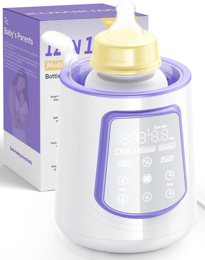Baby bottle warmer with digital display and packaging on a white background
