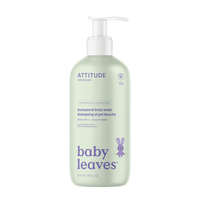 Bottle of Attitude baby leaves shampoo and body wash on a white background