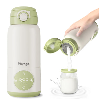 White and green thermos with digital display and milk being poured into a jar.
