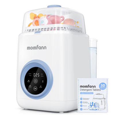 Momfann baby bottle sterilizer with digital display and a package of detergent tablets on a white background