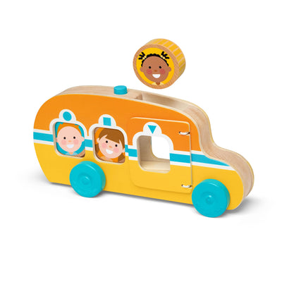 Wooden toy bus with colorful children's faces on a white background