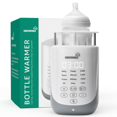 Growsns bottle warmer with digital display and packaging on a white background