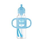Clear sippy cup with blue handle and lid, featuring Dr. Brown's logo, on a white background.