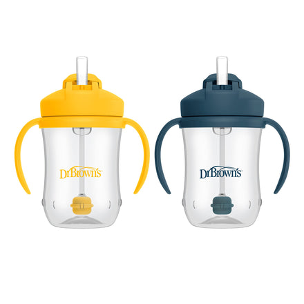 Two sippy cups with yellow and blue lids on a white background, featuring Dr. Brown's branding.