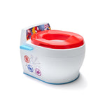 Children's potty chair with red seat and Spider-Man design on a white background