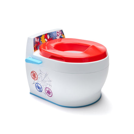 Children's potty chair with red seat and Spider-Man design on a white background