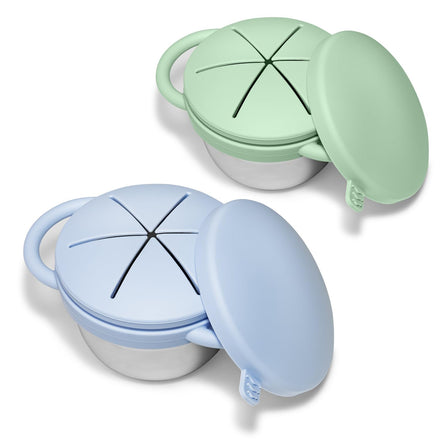 Two silicone snack containers, one green and one blue, on a white background.