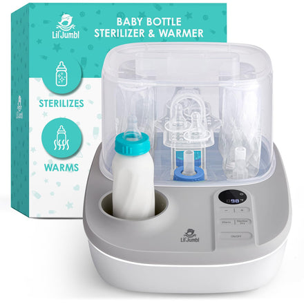 Baby bottle sterilizer and warmer with packaging in the background