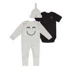Miles and Milan Knotted Cap, Bodysuit and Romper Cozy Set (6-12M)