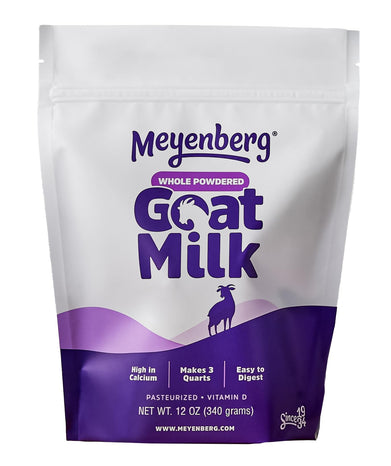 Meyenberg whole powdered goat milk package on a white background