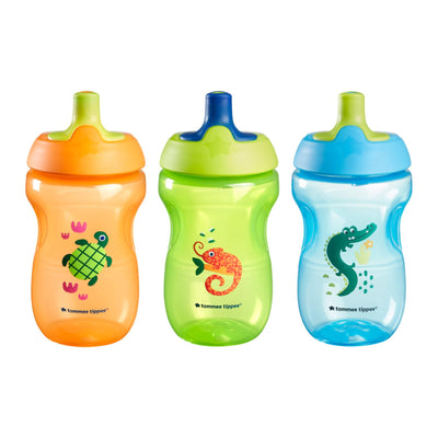 Three colorful sippy cups with animal illustrations on a white background