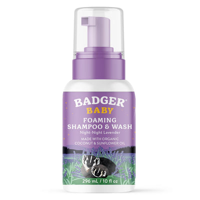 Badger Baby Foaming Shampoo & Wash bottle with purple cap on a white background